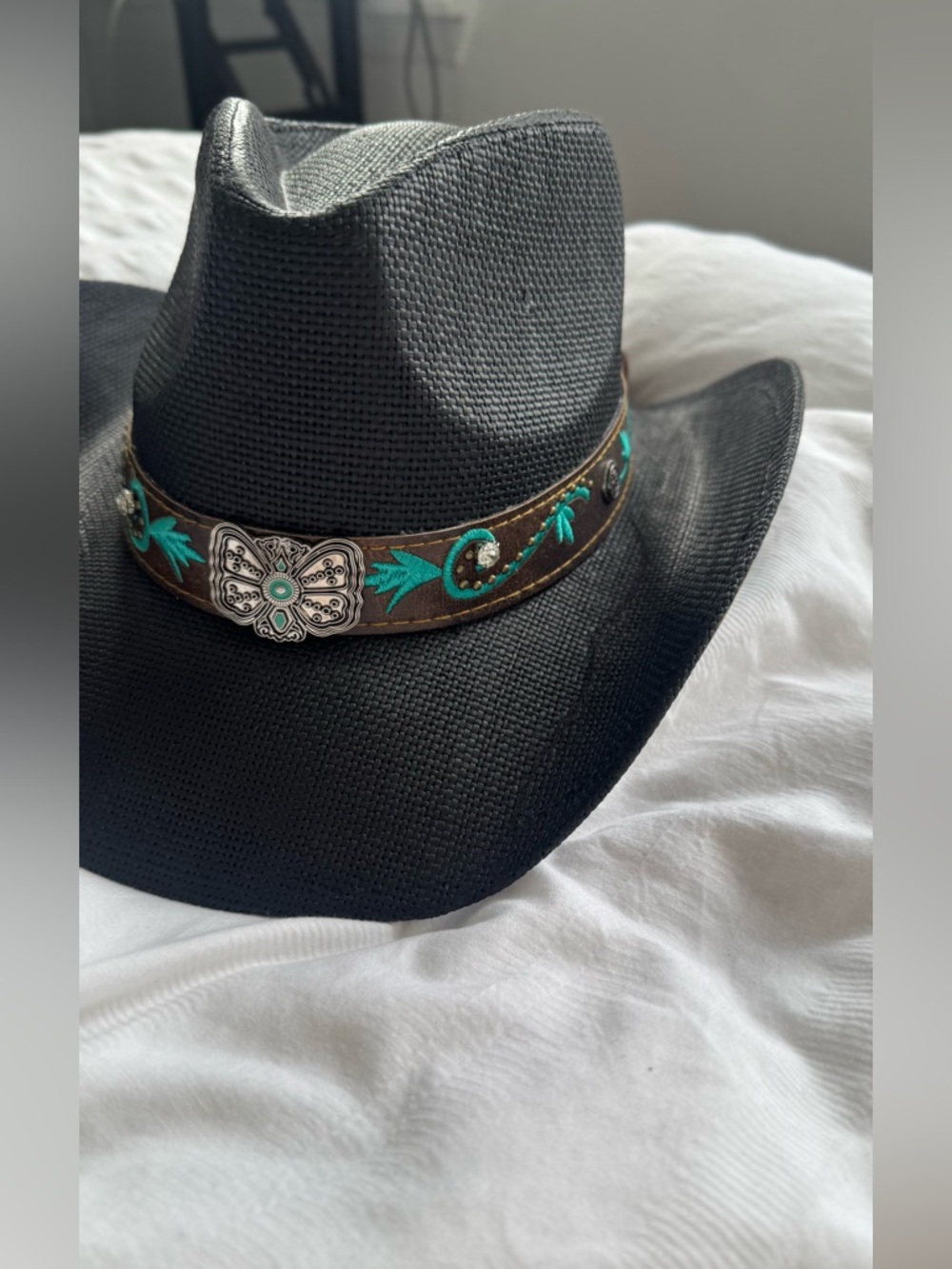 Black Women's Western Straw Cowboy Hat with Turquoise Metal and Leather Accents